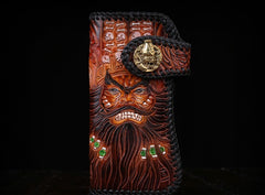 Handmade Mens Cool Tooled Zhong Kui demon Leather Chain Wallet Biker Trucker Wallet with Chain