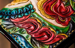 Handmade Leather Tooled Yellow Jambhala Mens Chain Biker Wallet Cool Leather Wallet Zipper Long Phone Wallets for Men