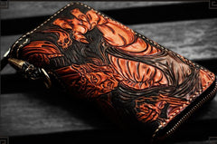 Handmade Leather Tooled Black and White Mens Chain Biker Wallet Cool Leather Wallet Long Phone Wallets for Men