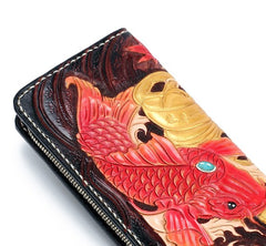 Handmade Leather Carp Mens Chain Biker Wallet Cool Leather Wallet Long Phone Wallets for Men