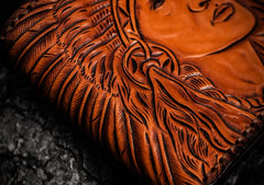 Handmade Leather Indian Chief Tooled Mens billfold Wallet Cool Leather Wallet Slim Wallet for Men