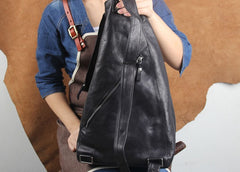 Genuine Leather Mens Cool Chest Bag Sling Bag Crossbody Bag Travel Bag Hiking Bag for men
