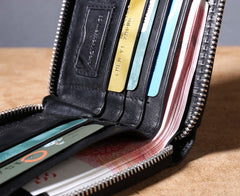 Genuine Leather Mens Cool billfold Leather Wallet Men Zipper Wallet Bifold for Men