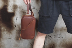 Genuine Leather Mens Cool Chest Bag Sling Bag Crossbody Bag Travel Bag Hiking Bag for men