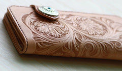Handmade Mens Tooled Floral Beige Leather Long Biker Wallet Cool Long Chain Wallet for Men - iwalletsmen