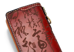 Handmade Leather Mens Chain Chinese Handwriting Biker Wallet Cool Leather Wallet Long Phone Wallets for Men