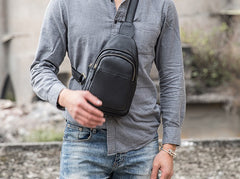 Leather Mens Black Sling Bag Sling Shoulder Bag Sling Backpack for men - iwalletsmen