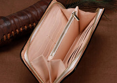 Handmade Leather Mens Clutch Wallet Cool Chinese Dragon Tooled Wallet Long Zipper Wallets for Men