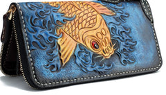 Handmade Leather Carp Mens Chain Biker Wallet Cool Leather Wallet Long Phone Wallets for Men