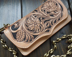 Handmade Leather Biker Wallet Tooled Floral Mens Cool Chain Wallet Trucker Wallet with Chain