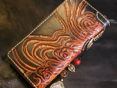 Handmade Leather Tooled Buddha Mens Chain Biker Wallet Cool Leather Wallet Long Phone Wallets for Men