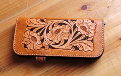 Handmade Tooled Floral Mens Leather Long Biker Wallet Cool Long Chain Wallet for Men - iwalletsmen