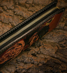 Handmade Leather Mens Clutch Wallet Tooled Cool Zhong Kui Wallet Long Zipper Wallets for Men