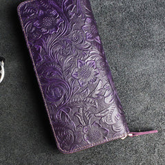 Handmade Leather Floral Mens Cool Travel Long Wallet Card Holder Card Slim Clutch Wallets for Men