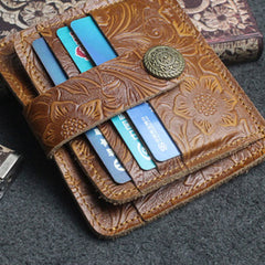 Handmade Leather Floral Mens Cool Front Pocket Wallet billfold Wallet Card Holder Small Card Slim Wallets for Men