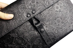 Handmade Leather Floral Tooled Mens Clutch Cool Slim Wallet Zipper Clutch Wristlet Wallet for Men