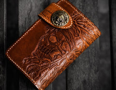 Handmade Leather Tooled Skull Indian Chief Biker Wallet Mens Cool billfold Chain Wallet Trucker Wallet with Chain