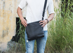 Small Cool Black Square Leather Mens Messenger Bags Shoulder Bags for Men - iwalletsmen