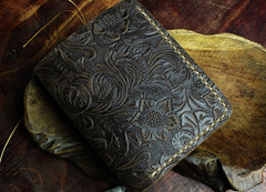 Handmade Leather Floral Mens Cool Slim Leather Wallet Men billfold Wallets Bifold for Men
