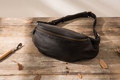 Black Mens Leather Fanny Packs Mens Waist Bag Black Hip Pack Belt Bag Chest Bag for Men - iwalletsmen