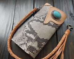 Handmade Leather Biker Wallet Mens Cool Chain Trifold Wallet Trucker Wallet with Chain