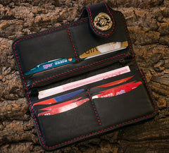 Handmade Mens Cool Tooled Carp Leather Chain Wallet Biker Trucker Wallet with Chain
