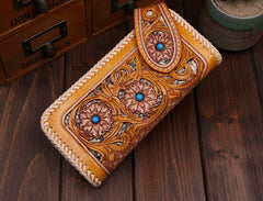 Handmade Mens Cool Tooled Floral Leather Chain Wallet Biker Trucker Wallet with Chain