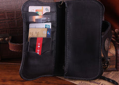 Handmade Genuine Leather Mens Cool Biker Chain Wallet Long Leather Wallet Clutch Wristlet Wallet for Men