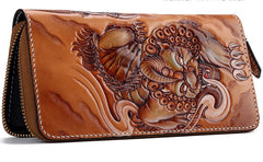 Handmade Leather Tooled Chinese Dragon Tiger Mens Chain Biker Wallet Cool Leather Wallet Zipper Long Phone Wallets for Men