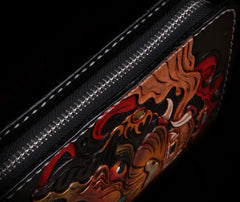 Handmade Leather Mens Clutch Wallet Tooled Cool Monster Wallet Long Zipper Wallets for Men
