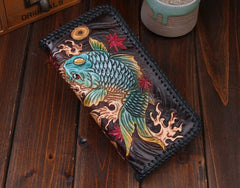 Handmade Leather Mens Clutch Wallet Tooled Cool Carp Wallet Long Zipper Wallets for Men