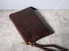 Handmade Genuine Leather Mens Clutch Cool Slim Wallet Zipper Clutch Wristlet Wallet for Men