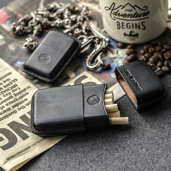 Handmade Black Leather Mens 11pcs Cigarette Holder Case Cool Custom Cigarette Case for Men - iwalletsmen
