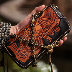 Handmade Leather Tooled Chinese Dragon Mens Chain Biker Wallet Cool Leather Wallet Zipper Long Phone Wallets for Men