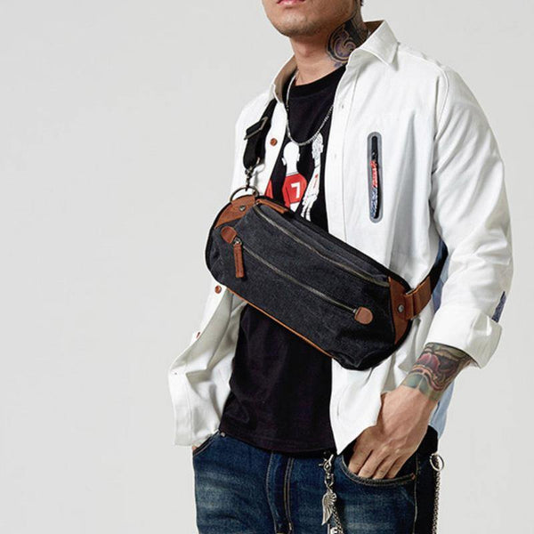 Black Canvas Leather Fanny Pack Men's Chest Bag Sling Hip Bag Canvas Waist Bag For Men - iwalletsmen
