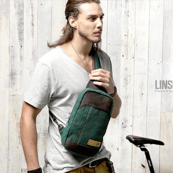 Green Canvas Sling Backpack Men's Sling Bag Coffee Chest Bag Canvas One shoulder Backpack For Men - iwalletsmen