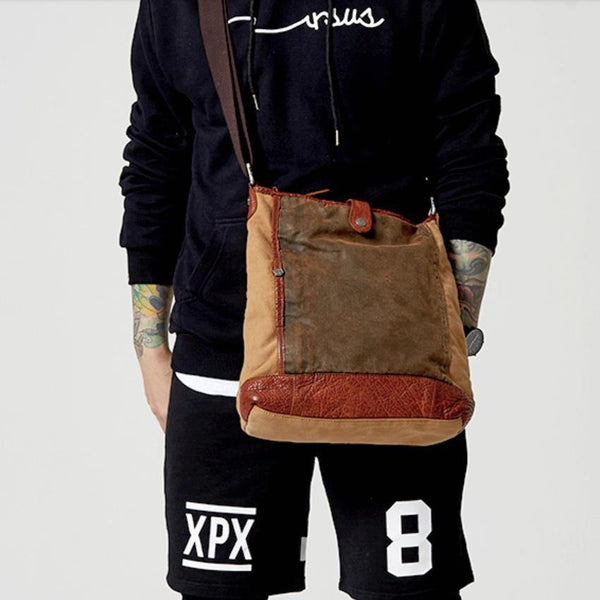 Canvas Leather Mens Distressed Brown Vertical Side Bag Messenger Bag Canvas Courier Bag for Men - iwalletsmen