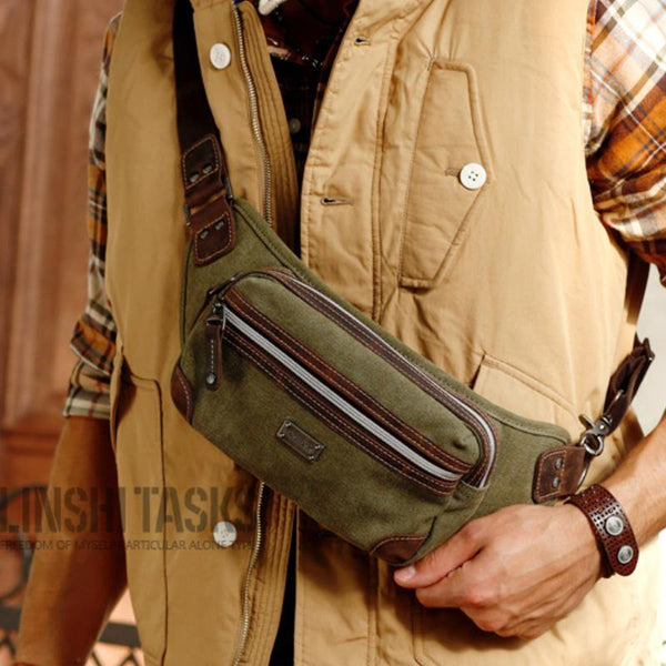 Navy Blue Canvas Leather Fanny Pack Women's Small Khaki Canvas Chest Bag Sling Hip Bag Waist Bag For Men - iwalletsmen