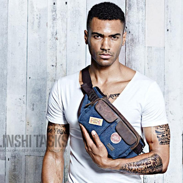 Navy Blue Canvas Leather Fanny Pack Men's Brown Chest Bag Canvas Sling Hip Bag Waist Bag For Men - iwalletsmen