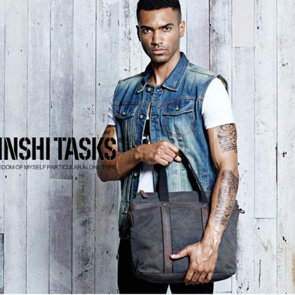 Fashion Canvas Leather Mens Black Briefcase Computer Bag Work Bag Handbag For Men - iwalletsmen