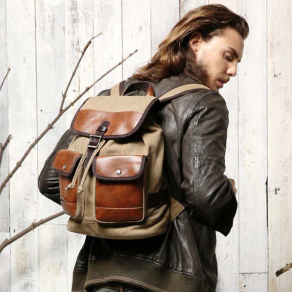 Fashion Canvas Leather Mens Khaki Backpack School Backpack Black Canvas Travel Backpack For Men - iwalletsmen