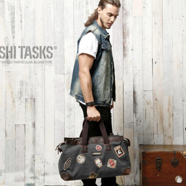 Black Mens Fashion Canvas Large Travel Bag Shoulder Canvas Weekender Bag Duffle Bag For Men - iwalletsmen