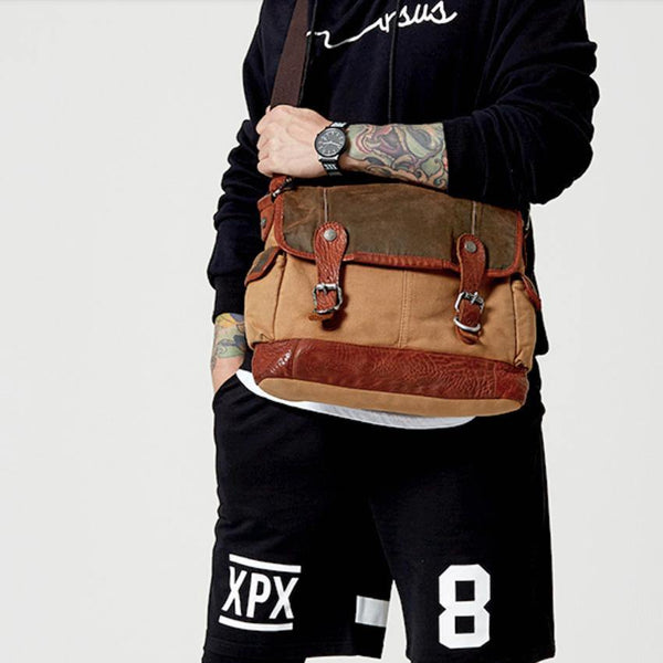 Khaki Canvas Leather Mens Coffee Side Bag Messenger Bag Khaki Canvas Courier Bag for Men - iwalletsmen