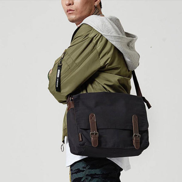 Black Canvas Leather Mens School Bag Messenger Bags Navy Blue Canvas Courier Bag for Men - iwalletsmen
