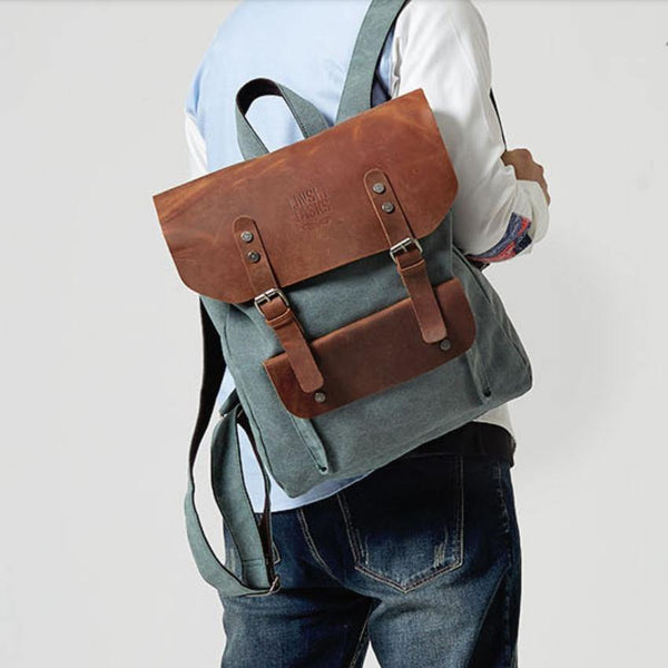 Fashion Canvas Leather Womens Army Green Backpack School Backpack Canvas Travel Backpack For Men - iwalletsmen