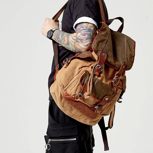 Khaki Canvas Leather Mens Large Backpack School Backpack Canvas Travel Backpack For Men - iwalletsmen