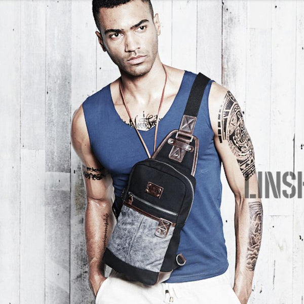 Black Canvas Leather Sling Backpack Men's Sling Bag Chest Bag Dark Coffee Canvas One shoulder Backpack For Men - iwalletsmen