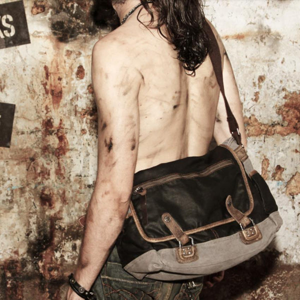 Fashion Black Canvas Leather Mens Casual Side Bag Gray Messenger Bags Casual Courier Bags for Men - iwalletsmen