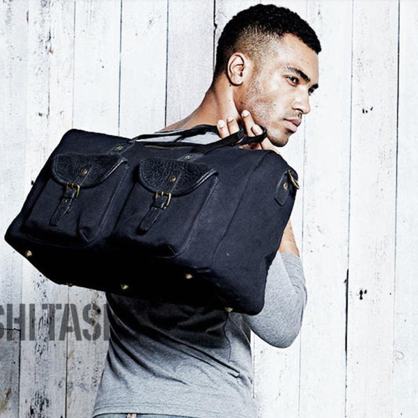 Black Fashion Canvas Mens Casual Large Travel Bag Shoulder Weekender Bag Duffle Bag For Men - iwalletsmen