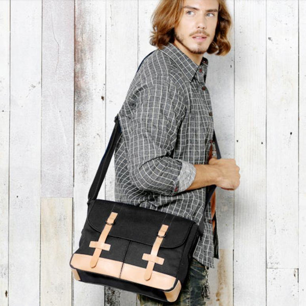 Black Canvas Leather Mens Side Bag Messenger Bags Navy Blue Canvas Courier Bags for Men - iwalletsmen